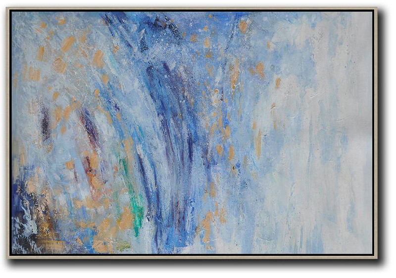 Hand Painted Extra Large Abstract Painting,Horizontal Abstract Landscape Oil Painting On Canvas,Original Art Acrylic Painting,Blue,White,Yellow.etc